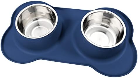 AsFrost Dog Food Bowls Stainless Steel Dog Food & Water Bowl Set with No Spill No Slip Silicone Mat, Dog Dishes for Small Medium Size Dogs Pet Cat Puppy Food Feeding Bowls, Blue, 24oz, 3 Cup