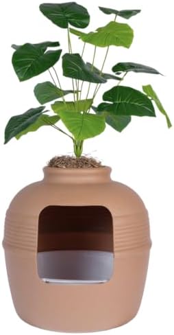 Good Pet Stuff Original Hidden Litter Box Planter, Decorative Cat Litter Enclosure, Carbon Filter, Faux Plant, Round Design, Easy Clean Litter Tray, Essentials Kit, Broad Leaf Plant, Terracotta Brown