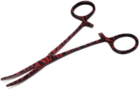 Dog Pet Ear/Nose Hair Puller Grooming Hemostat Locking Forceps Curved Pliers, 5.5" (14cm) Full Serrated Clamps Stainless Steel (Red Candy Swirls)