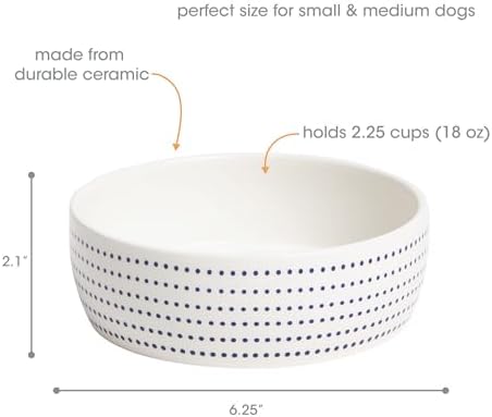 Pearhead Ceramic Dog Bowl, Small/Medium 2.25 Cups/ 18 oz, Blue Dots