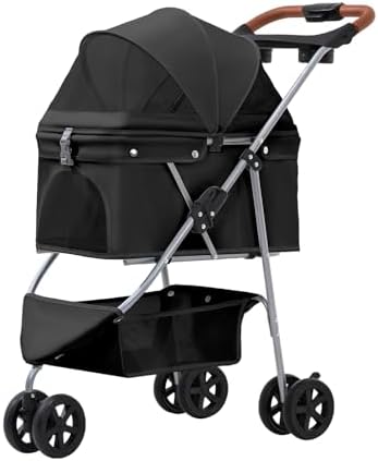 Pet Stroller for Small/Medium Dogs and Cats, Foldable 3 Wheel Jogger,One-Click Fold,Breathable Mesh, Storage Basket,Cup Holder,Weather Cover,(Black)