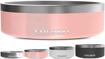 Coldest Dog Bowl - Anti Rust Metal, Non Slip, 3 Layers Insulated Stainless Steel Dog Bowls - Spill Proof & Heavy Duty - Water Bowl for Dogs, Cats & Pets, Dish Washer Safe (42 oz, Forever Pink Glitter)