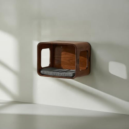 Space-Saving Wall-Mounted Cat Box | Feline Perch Bed, snug, for Small Apartments, Living Room, Cats, Walnut