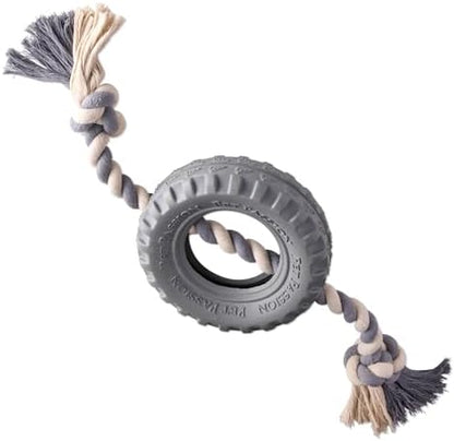 Pet Passion Natural Rubber Tire and Organic Cotton Rope Pull and Chew Dog Toy for All Pet Breeds, Gray, Small