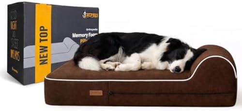 5.5 Inch Thick High Grade Orthopedic Memory Foam Dog Bed With Pillow and Easy to Wash Removable Cover with Anti-Slip Bottom. Free Waterproof Liner Included - for Medium and Large Breed Dogs - Brown