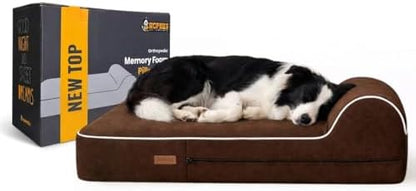 5.5 Inch Thick High Grade Orthopedic Memory Foam Dog Bed With Pillow and Easy to Wash Removable Cover with Anti-Slip Bottom. Free Waterproof Liner Included - for Medium and Large Breed Dogs - Brown