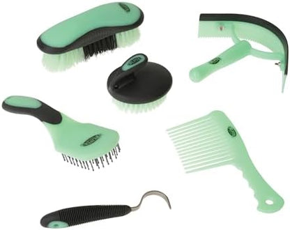 Weaver Equine 6-Piece Horse Grooming Kit, Ergonomic Gentle Horse Care Kit, Equestrian Supplies for Bathing Support, Detangling, and More, Mint/Gray