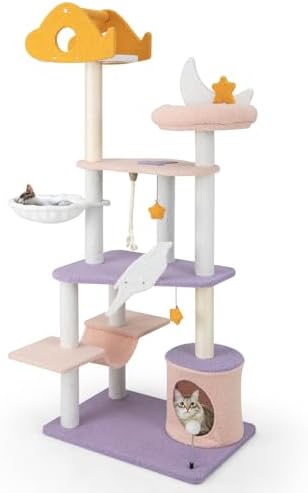 PETSITE Star and Moon-Themed Cat Tree Tower, Multi-Level Modern Cat Tower with Sisal Scratching Posts, Cat Condo, Side Hammock, Hanging Dangling Toys, Cute Cat Tree for Indoor Cats (66 Inch Tall)