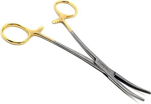 Dog Pet Ear/Nose Hair Puller Grooming Hemostat Locking Forceps Curved Pliers, 5.5" (14cm) Full Serrated Clamps Stainless Steel (Gold Handle)