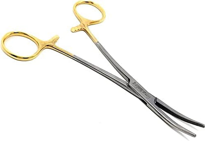 Dog Pet Ear/Nose Hair Puller Grooming Hemostat Locking Forceps Curved Pliers, 5.5" (14cm) Full Serrated Clamps Stainless Steel (Gold Handle)