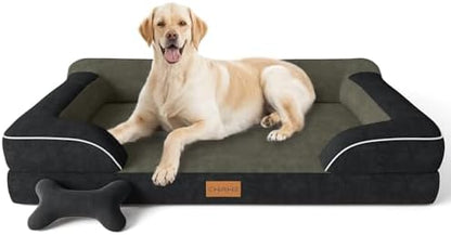 CWAWZ Jumbo Dog Bed for Extra Large Dogs, Orthopedic Dog Bed with Cooling Gel Memory Foam, Waterproof Pet Bed with Removable Washable Cover, 45" Pet Sofa Couch Dutch Velvet with Bone Toy, Black