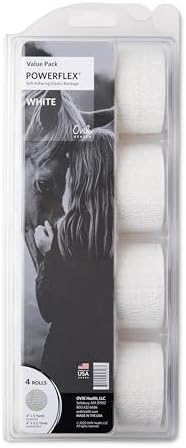 OVIK Health PowerFlex Equine – Extra Strong Self-Adhering Bandage Wrap – Wound Care, Compression & Support Bandage for Horses, Cows & Dogs – White, 4 inch, 4 Rolls (Resealable Case)