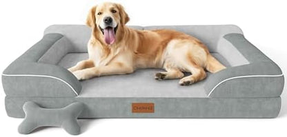 CWAWZ Extra Large Dog Bed, Orthopedic Dog Bed with Cooling Gel Memory Foam, Waterproof XL Pet Bed with Removable Washable Cover, 42" Pet Sofa Couch Dutch Velvet with Bone Toy, Light Gray