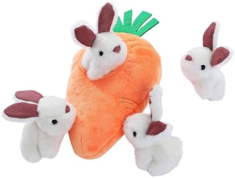 Amazon Basics Interactive Hide and Seek Squeaky Dog Plush Toy with Squeaker for Small Dogs, Rabbit and Carrot, Orange and White, 5-Pack