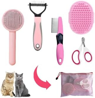 Grooming Kit for Indoor Long-Haired Cats - Self-Cleaning Brushes for Shedding and Matted Fur, Flea Comb Set, Pink