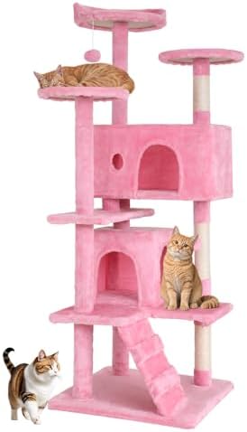 BestOffice 54 Inch Cat Tree, Multi-Level Cat Tower with Condo, Perches, Sisal Scratching Posts, Climbing Ladder,Indoor Activity Center Play House for Kittens & Adult Cats, Pink