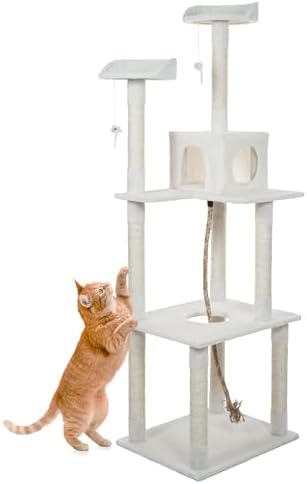 Cat Tree - 6-Foot Cat Tower for Indoor Cats with Napping Perches, Kitty Condo, 9 Cat Scratching Posts, 2 Hanging Toys, and Rope by PETMAKER (Ivory)
