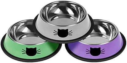 Serentive 3Pcs Cat Bowls, Non-Slip Stainless Steel, 7 Oz, Suitable for Indoor Pets, Removable Rubber Base, Lovely Color