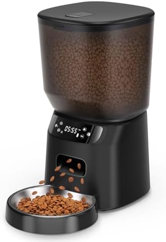 Automatic Cat Feeder, Cat Food Dispenser with Stainless Steel Bowl, Timed Portion Control 20 Portions 6 Meals Per Day, Voice Recorder, Dual Power Supply for Small Dogs
