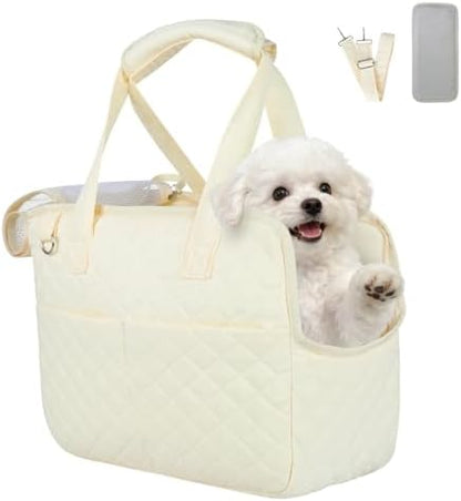YooxArmor Dog Purse Carrier for Small Dogs & Cats, Foldable Soft Tote for 5-14lbs Pets, Large Pockets, Safety Leash & Removable Mat for Walking Shopping Outdoor, White