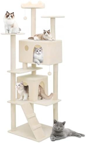 Athena Collection Modern Cat Tree Tower, 77 Inch Tall Cat Tree Climbing Tower with Scratching Post 2 Condo Multi-Level Activity Center and Playing Ball for Indoor Large Adult, Beige