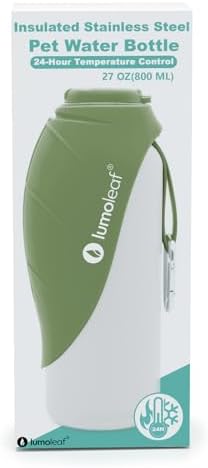 LumoLeaf Insulated Dog Water Bottle 27 oz Stainless Steel - Keep Water Cool or Warm, Portable Pet Water Bowl for Travel, Wide Mouth for Easy Ice Filling & Cleaning (Green, 27 oz)