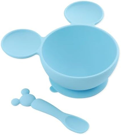 Bumkins Disney Baby Bowl, Silicone Feeding Set with Suction for Baby and Toddler, Includes Spoon and Lid, Essentials for Baby Led Weaning,for Babies 4 Months, Mickey Mouse Light Blue