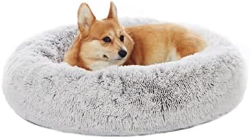 Bedfolks Calming Fluffy Donut Dog Bed for Medium Dogs,Light Grey, 30" Round