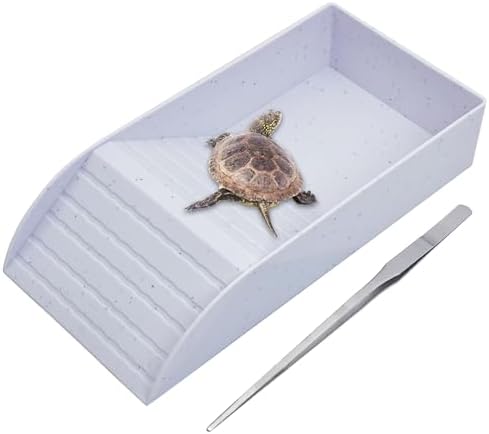 kathson Tortoise Water Dish with Ramp and Basking Platform, Reptile Water Bowl Turtle Soaking Tub Hermit Crab Bathing Pool for Amphibians Habitat Accessories (White)