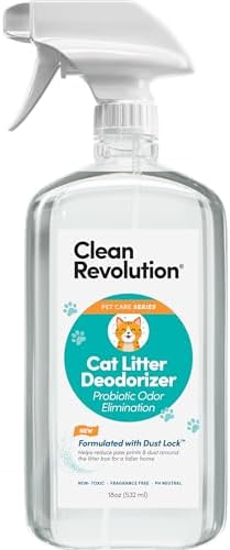 Clean Revolution Cat Litter Deodorizer Spray – 18oz, Probiotic Odor Elimination with DustLock™, Fragrance-Free, Extends Litter Life, Non-Toxic, Safe for All Cats, Made in USA