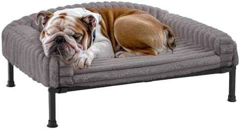 Veehoo Elevated Dog Bed with Bolster Cushion, Fluffy Plush Dog Couch Beds for Small Dogs, Cats, Washable Raised Pet Cot with Non-Slip Feet for Indoor or Patios Use, 36 x 28 Inches, Grey