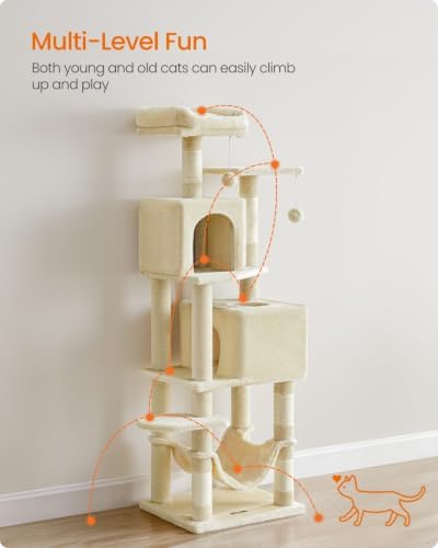 Feandrea Cat Tree, 59.5-Inch Tall Cat Tower, Multi-Level Condo, Beige