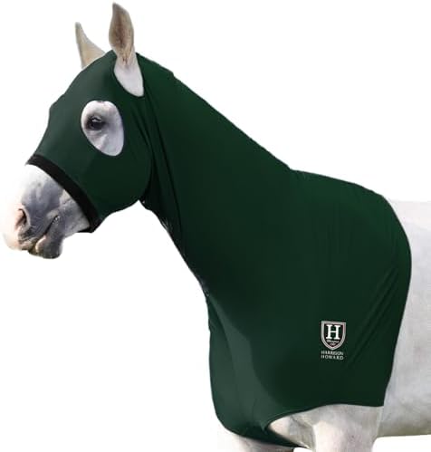 Harrison Howard Stretch Hood No Eye/Ear Covers Head, Shoulders, Mane, Chest, Withers Perfect for Show/Event Preparation-Hunter Green M