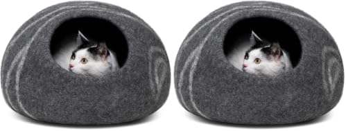MEOWFIA Cat Cave – Premium Felt Cat Bed Enclosure for Indoor Cats, Handmade Merino Wool (Dark Grey, Large) (Pack of 2)