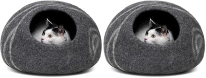 MEOWFIA Cat Cave – Premium Felt Cat Bed Enclosure for Indoor Cats, Handmade Merino Wool (Dark Grey, Large) (Pack of 2)