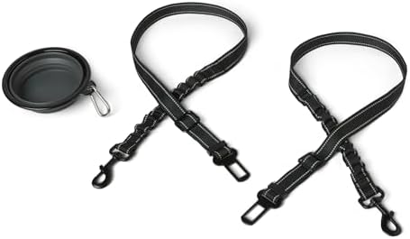Amazon Basics Dog seat Belt, Adjustable Dog Car Harness, Adjustable Length 26"-39", Includes Collapsible Travel Bowl, Black