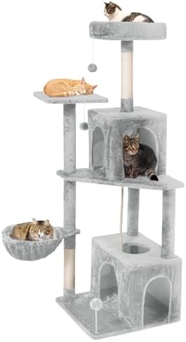 54-Inch Cat Tree Tower with 2 Caves & 2 Pompoms - Multi-Level Tower for Indoor Cats, Soft Plush Condo with Scratching Posts - Sturdy Base for Large Cats (Light Grey01)