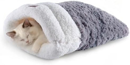Self Warming Cat Cave Bed, Double-Layer Faux Fur Sleeping Bag Grey
