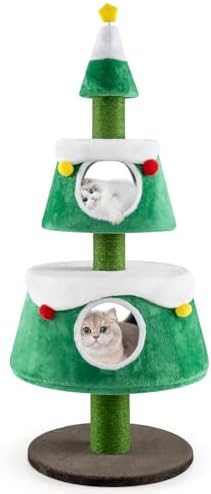 PETSITE 60 inch Cat Christmas Tree, Cute Cat Tower with 2 Condos, Sisal Scratching Posts, Spring Toy, Removable Beds, Modern Holiday Cat Tree Tower for Indoor Cats