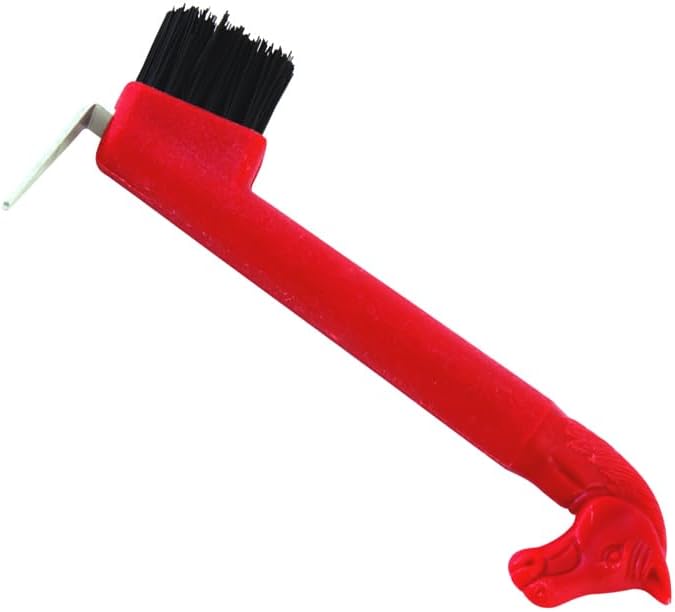 Jeffers Equine 2-in-1 Horse Head Hoof Pick with Cleaning Brush, Durable Hoof Cleaner Tool for Horses, Stiff Bristle Grooming Brush, Equine Stable Tack for Daily Hoof Care and Dirt Removal - Red