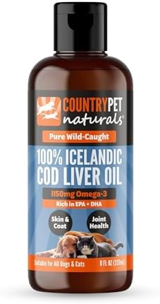 Wild-Caught Pure Icelandic Cod Liver Oil for Dogs & Cats 8oz, Single-Ingredient, 1150 mg Omega-3, High EPA/DHA, Natural Vits A&D, Supports Healthy Skin, Coat & Mobility, 8oz bottle