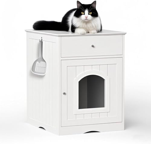 Large Wood House for Cats Litter Box Enclosure Furniture Hidde Out Box with Cabinet Drawer Indoor Pet House Side Table Wooden Crate (White)