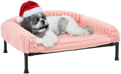Veehoo Elevated Dog Bed with Bolster Cushion, Fluffy Plush Dog Couch Beds for Small Dogs, Cats, Washable Raised Pet Cot with Non-Slip Feet for Indoor or Patios Use, 30 x 20 Inches, Pink
