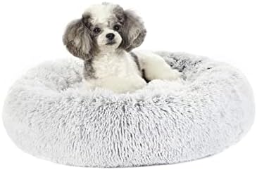 Bedfolks Calming Fluffy Donut Dog Bed for Small Dogs,Light Grey, 23" Round