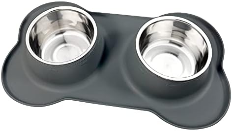 AsFrost Dog Food Bowls Stainless Steel Dog Food & Water Bowl Set with No Spill No Slip Silicone Mat, Dog Dishes for Small Medium Size Dogs Pet Cat Puppy Food Feeding Bowls, Grey, 24oz, 3 Cup