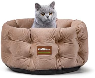 ClevaHome Deep Nest Cat Beds for Indoor Cats, Washable Round Cat Bed, Cute Kitten Bed with Anti-Slip Bottom for Kitty and Puppy, 20inches, Warm Beige