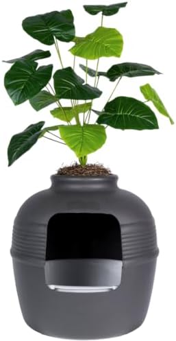 Good Pet Stuff Original Hidden Litter Box Planter, Decorative Cat Litter Enclosure, Carbon Filter, Faux Plant, Round Design, Easy Clean Litter Tray, Essentials Kit, Broad Leaf Plant, Charcoal Black