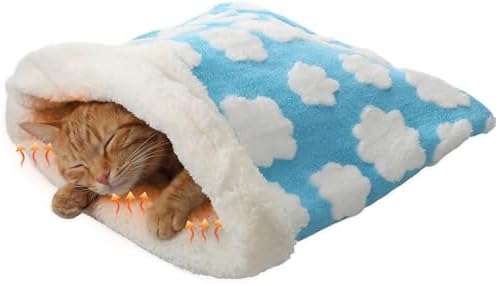Self Heating Cat Sleeping Bag Indoor Self Warming Cat Bed Cave Heated Pad Cozy Soft Winter Washable Wrap Pet Snuggle Sack Pouch for Puppy Dog Kitten, 24 x 21 Inch, Blue and White