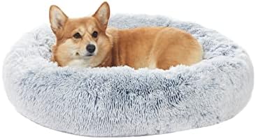 Bedfolks Calming Fluffy Donut Dog Bed for Medium Dogs,Light Blue, 30" Round