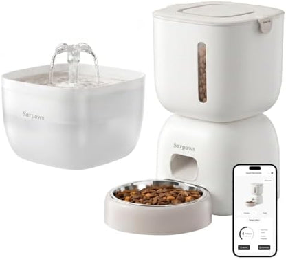SARPAWS WiFi Automatic Cat Feeder and Water Fountain Set, App Control Smart Pet Food Dispenser with 304 Stainless Steel Bowl, 3L Feeder & 2L Quiet Waterer, 10s Voice Recorder, Dual Power, Secure Lock